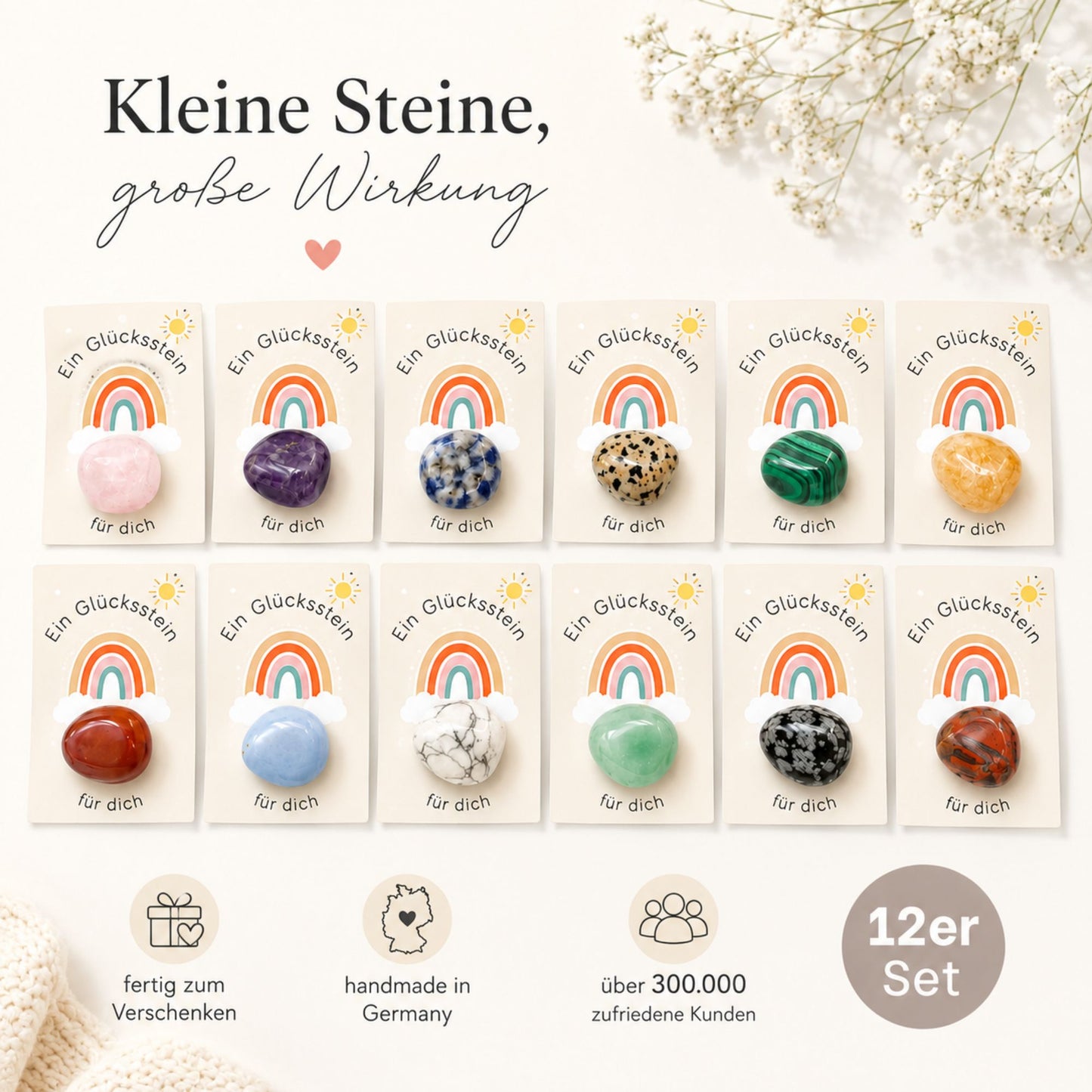 12er Set Glückssteine mit Karte – Natursteine einzeln verpackt als Glücksbringer, Mitgebsel & kleine Geschenkidee