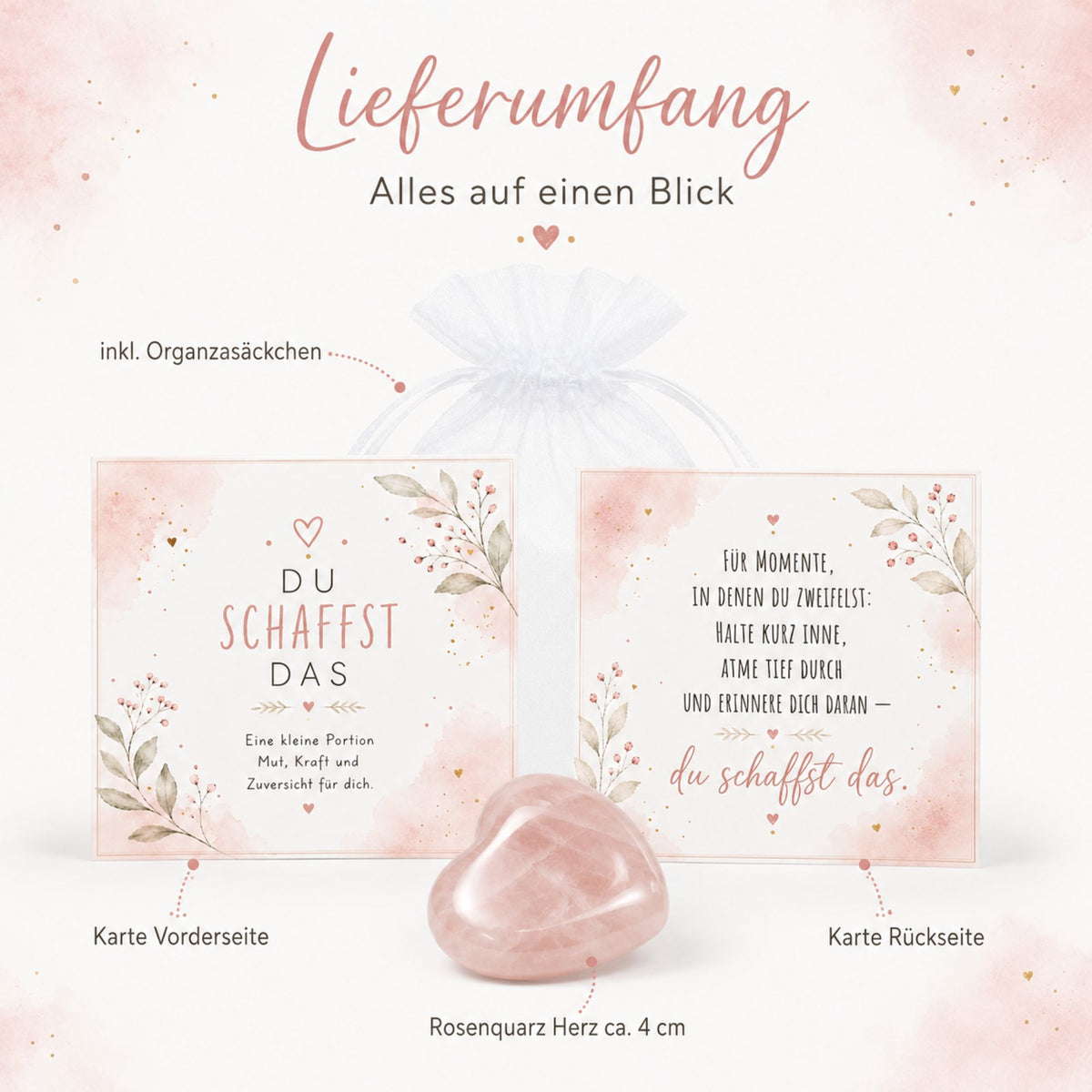 Rosenquarz Herz „Du schaffst das“ – Mutmacher-Herz mit Karte im Organzasäckchen