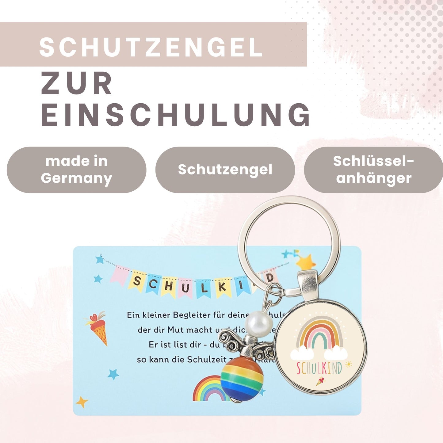 Schutzengel Schlüsselanhänger zur Einschulung – Design Regenbogen