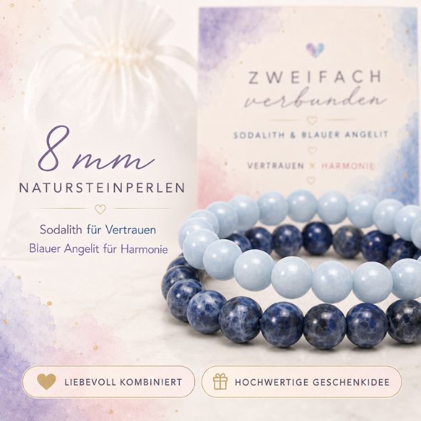 2er Set Armband Damen Sodalith & Blauer Angelit „Vertrauen × Harmonie“ – Edelstein Perlenarmband 8 mm mit Geschenkkarte