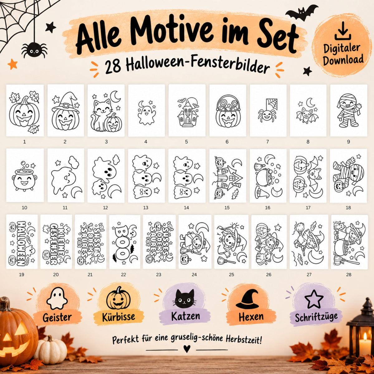 28 Halloween Fensterbilder für Kinder | Ausmalbilder PDF zum Ausdrucken | Geist Hexe Kürbis | Halloween Fensterdeko Download