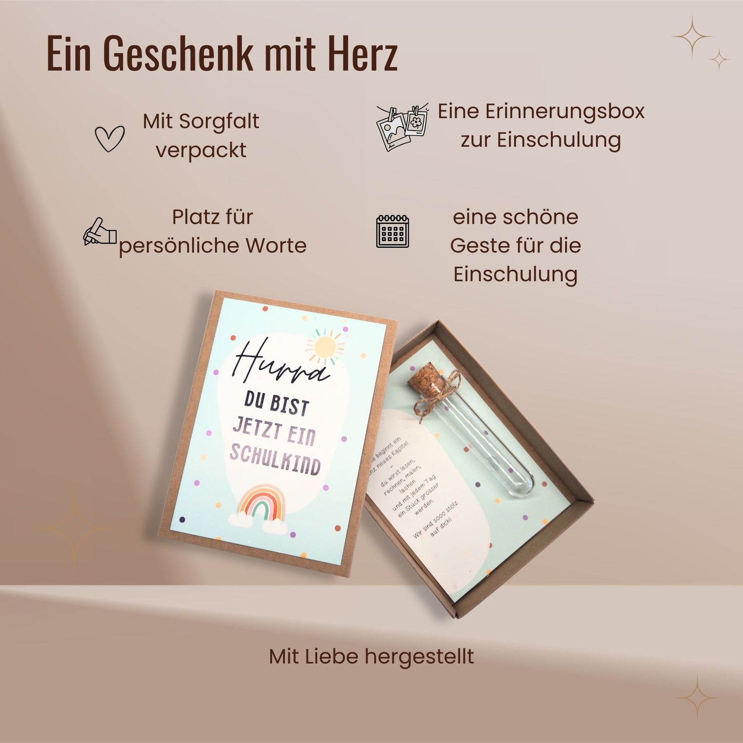 Geschenkbox zur Einschulung mit Reagenzglas & Karte – „Hurra, du bist jetzt ein Schulkind“