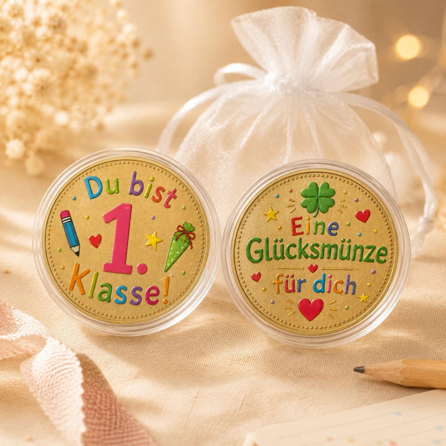 Glücksmünze zur Einschulung – kleines Geschenk mit Karte im Organzasäckchen