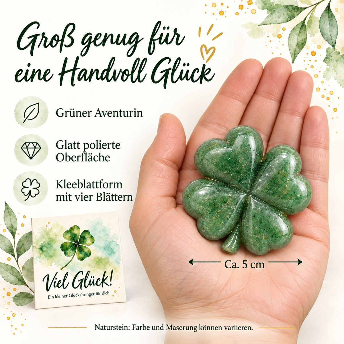 Glücks-Kleeblatt aus Aventurin mit Karte „Viel Glück!“ im Organzabeutel – kleiner Glücksbringer