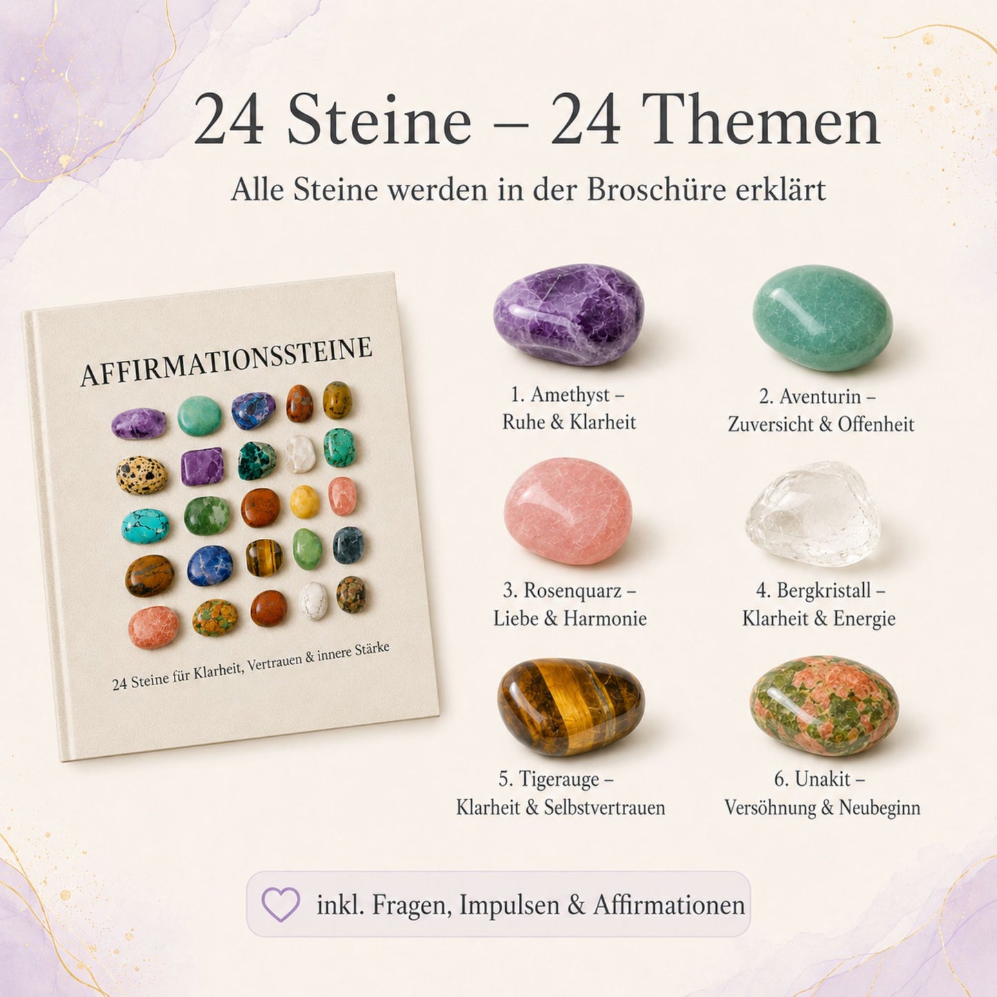 Affirmationssteine Set – 24 Edelsteine mit Broschüre, Jutebeuteln & Bedeutungskarte für Klarheit, Vertrauen und innere Stärke