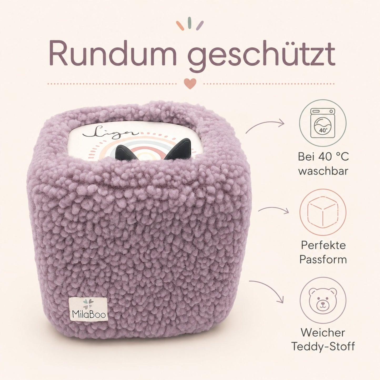 MilaBoo® Teddybezug für Toniebox 1 & 2 – weiche Schutzhülle aus Teddystoff mit Gummizug – Lila