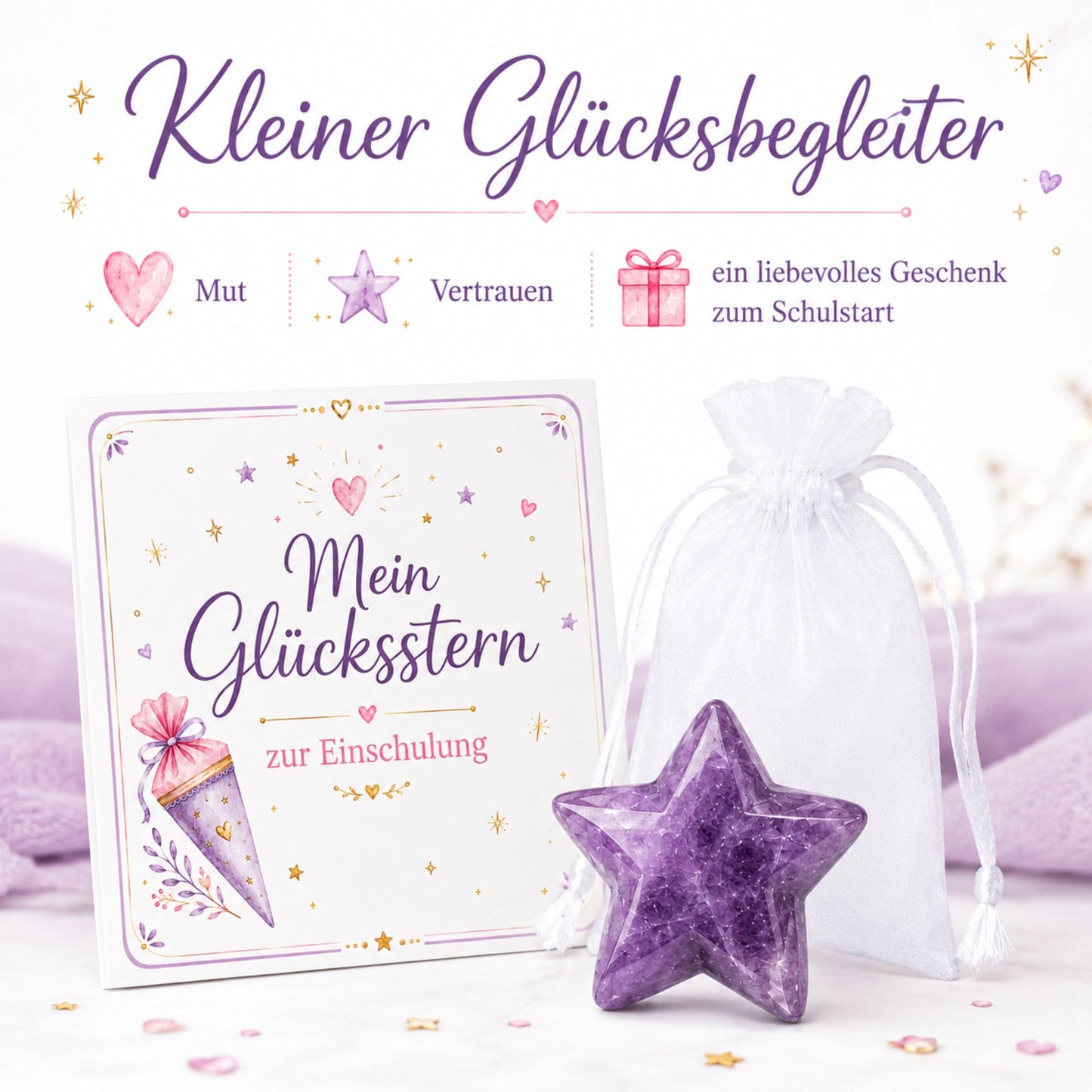 Amethyst Stern zur Einschulung – Glücksstern Geschenk mit Karte & Organzasäckchen für Schultüte und Schulstart