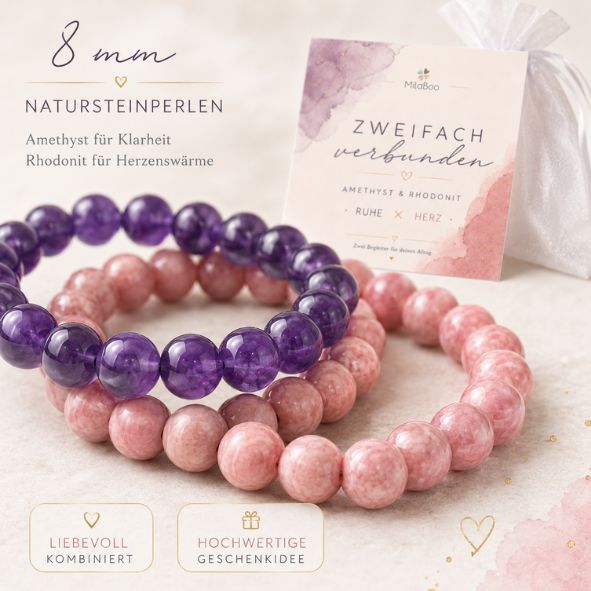 Damen Armband Set Amethyst & Rhodonit | 2er Edelstein Armband | Geschenk für Freundin Schwester Mama | Glücksarmband Naturstein