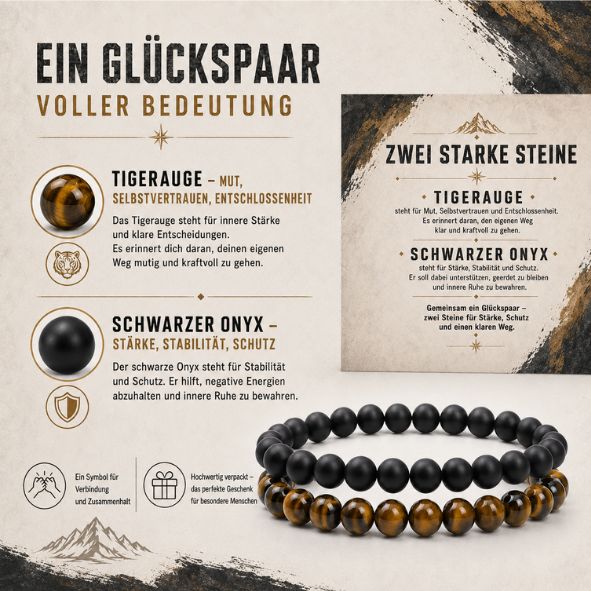 Herren Armband Set Tigerauge & Onyx | 2er Partnerarmband Männer | Geschenk für Freund Papa Bruder | Edelstein Armband Stärke Schutz