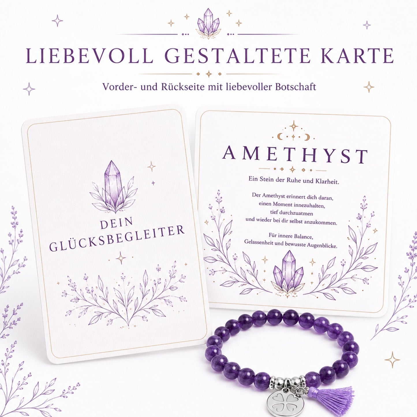 MilaBoo® Amethyst Armband Damen – Naturstein Armband mit Kleeblatt-Anhänger & Quaste als liebevolles Geschenk