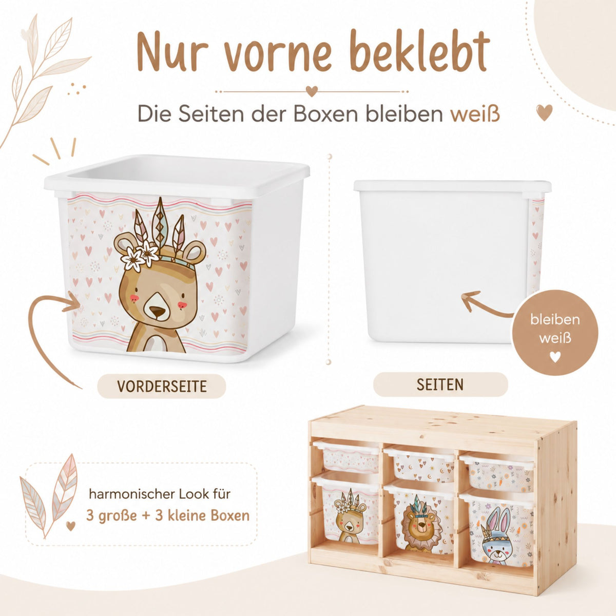MilaBoo® Boho-Aufkleber für IKEA TROFAST – 6er-Set in Beige- und Naturtönen für große und kleine Boxen