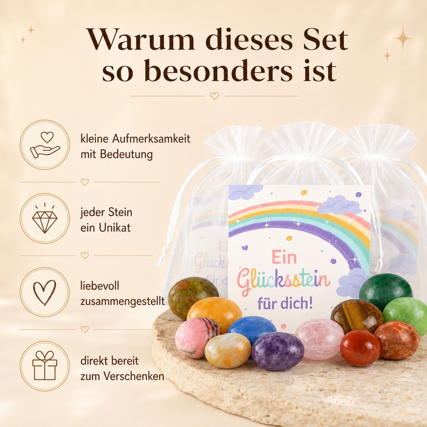 MilaBoo Glückssteine im 12er-Set mit Karte – Kleine Edelsteine als Geschenk, Mitbringsel und liebevoller Mutmacher