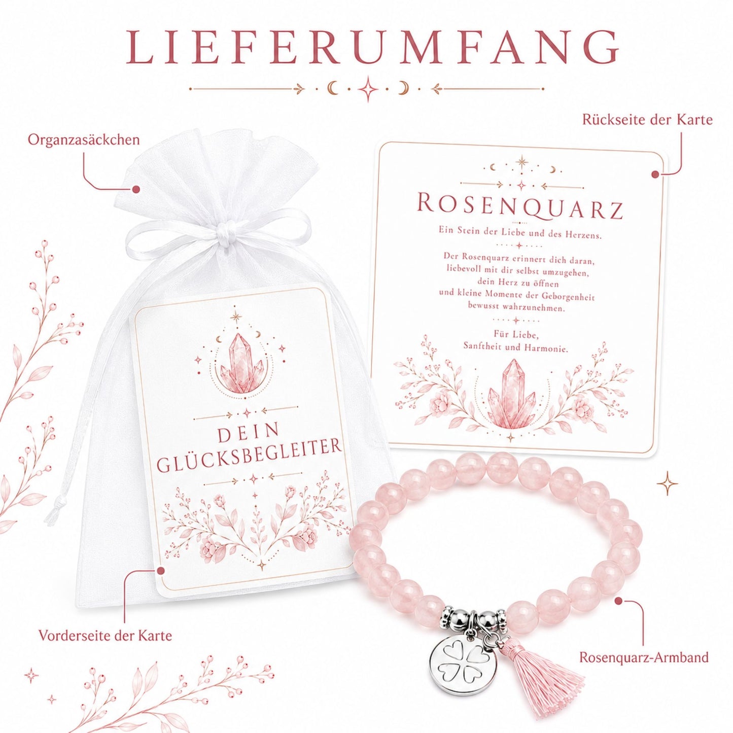 MilaBoo® Rosenquarz Armband Damen – Naturstein Armband mit Kleeblatt-Anhänger & Quaste als liebevolles Geschenk