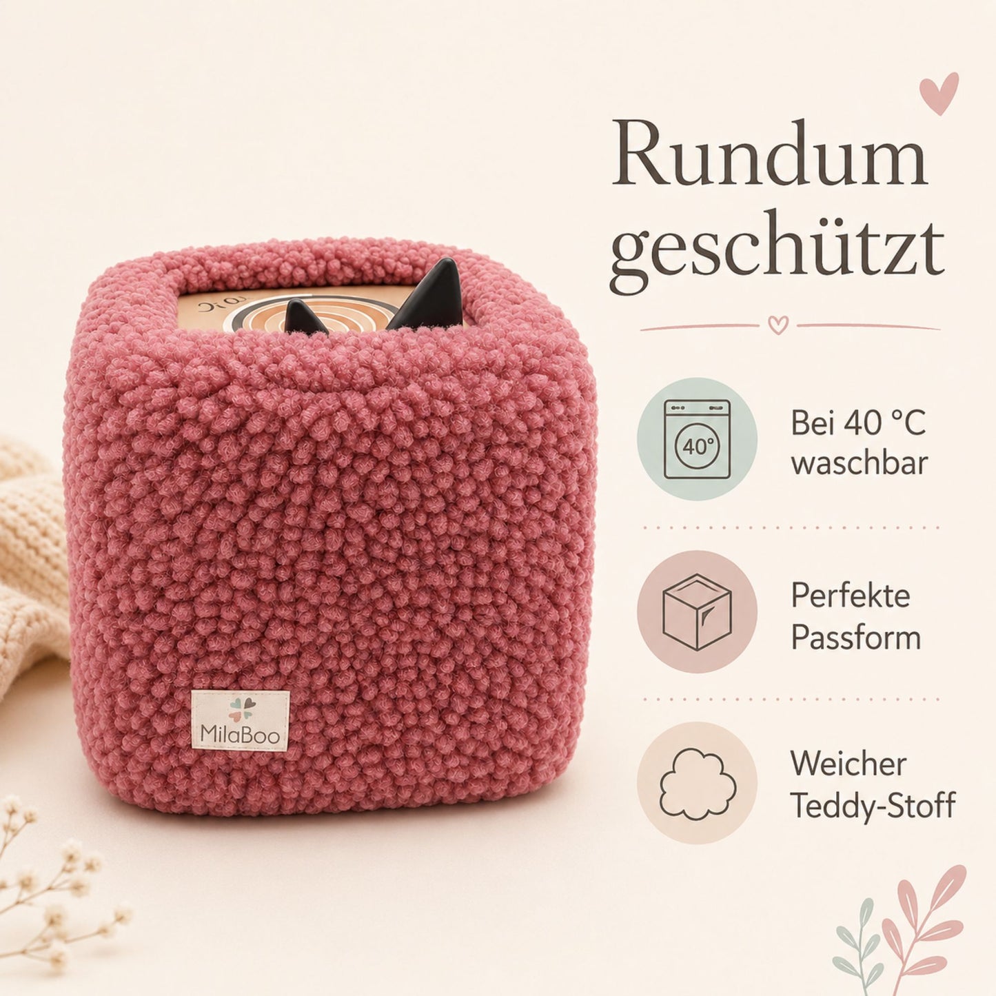 MilaBoo® Teddybezug für Toniebox 1 & 2 – weiche Schutzhülle aus Teddystoff, handgefertigt in Deutschland – Dunkelrosa