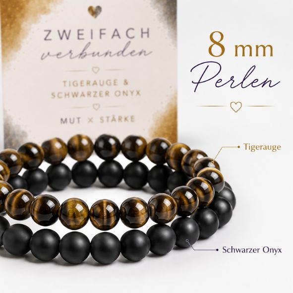 2er Set Armband Damen Tigerauge & Schwarzer Onyx „Mut × Stärke“ – Edelstein Perlenarmband 8 mm mit Geschenkkarte