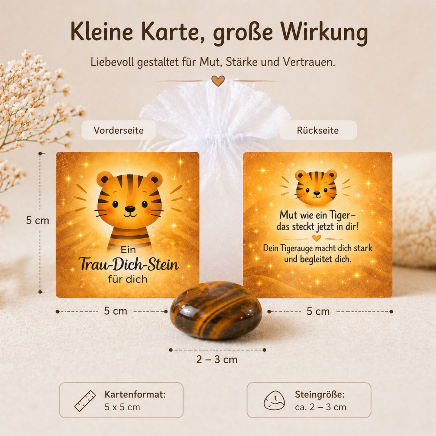Kleiner Mutmacher zur Einschulung – Tigerauge Naturstein mit Karte im Organzasäckchen