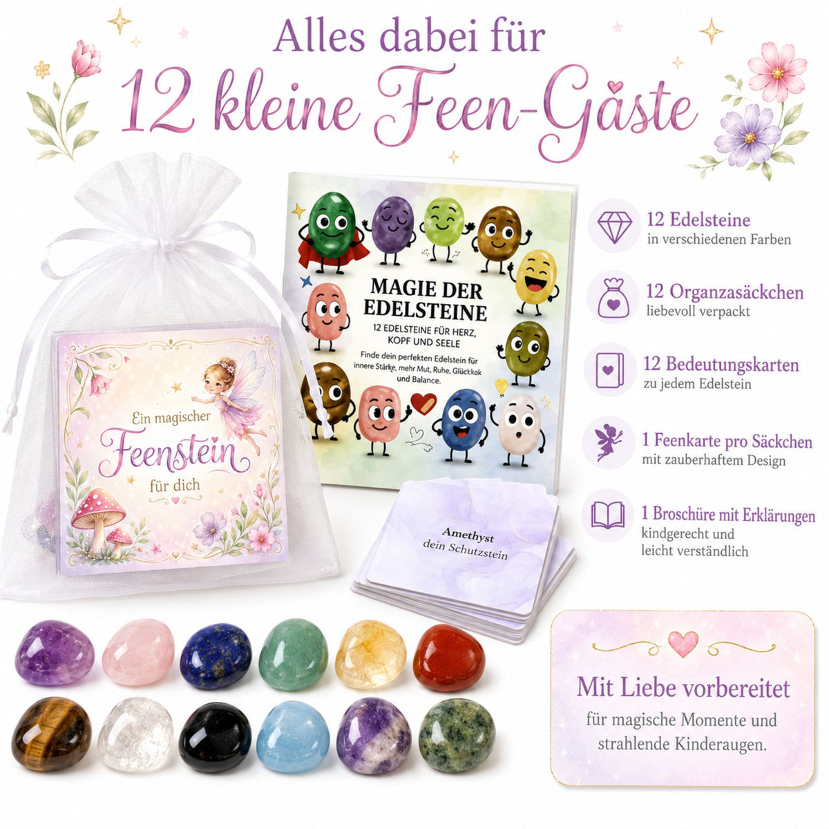 Feensteine 12er Set – magische Edelsteine mit Feenkarten & Broschüre „Magie der Edelsteine“ als Mitgebsel