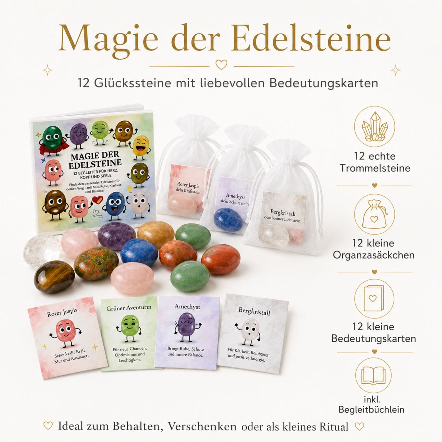 Geschenkset zur Einschulung – 3 Glücksbringer für die Schultüte mit Edelsteinen, Sonnenfänger & Aventurin-Herz