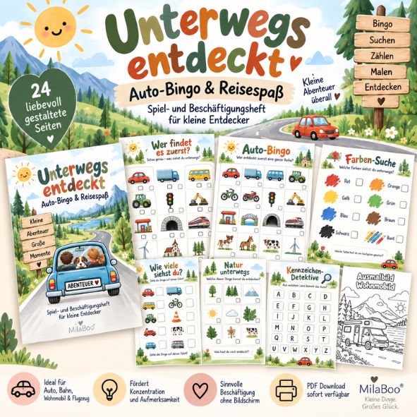Reisespiele für Kinder zum Ausdrucken | Reise Bingo, Suchspiel & Autofahrt-Beschäftigung | PDF Druckvorlage DIN A4 | Digitaler Download
