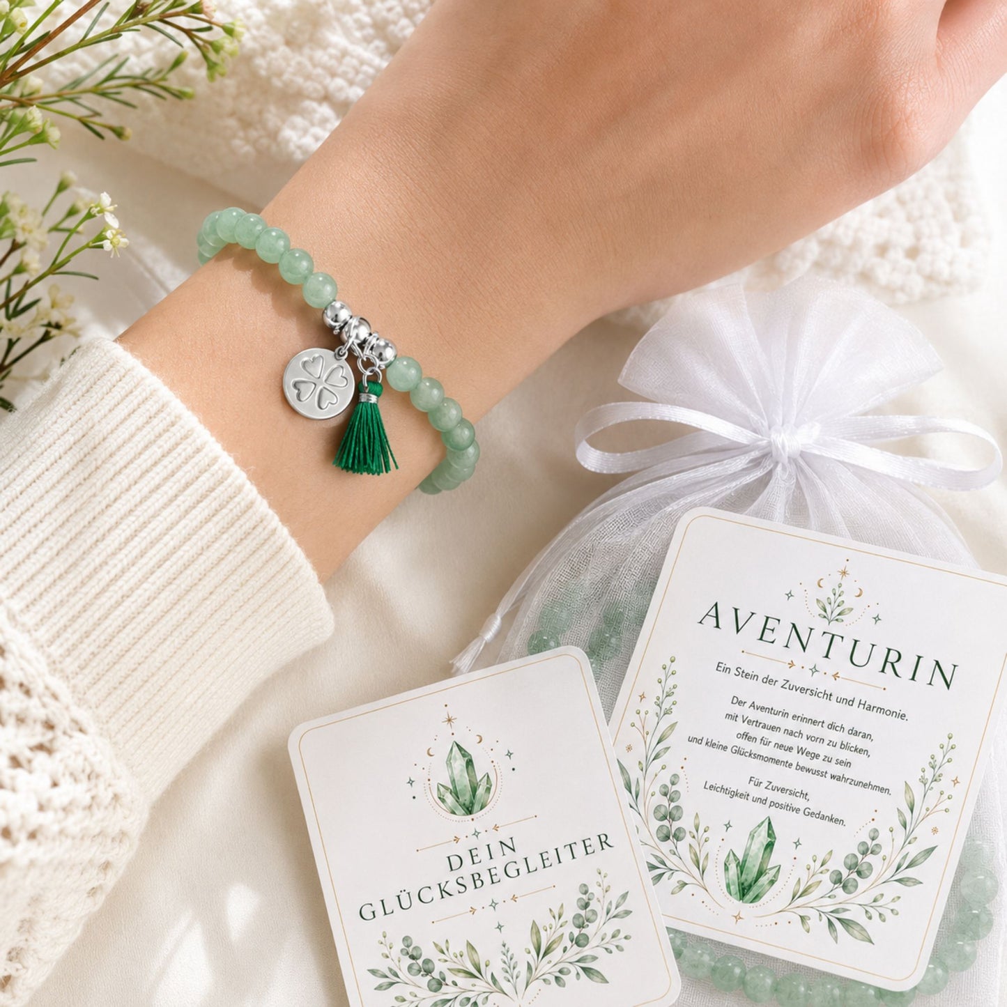 MilaBoo® Aventurin Armband Damen – Edelstein Armband mit Kleeblatt-Anhänger, Quaste & Geschenk-Karte