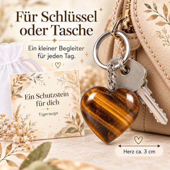 Tigerauge Herz Schlüsselanhänger „Ein Schutzstein für dich“ – Glücksbringer mit Karte im Organzasäckchen
