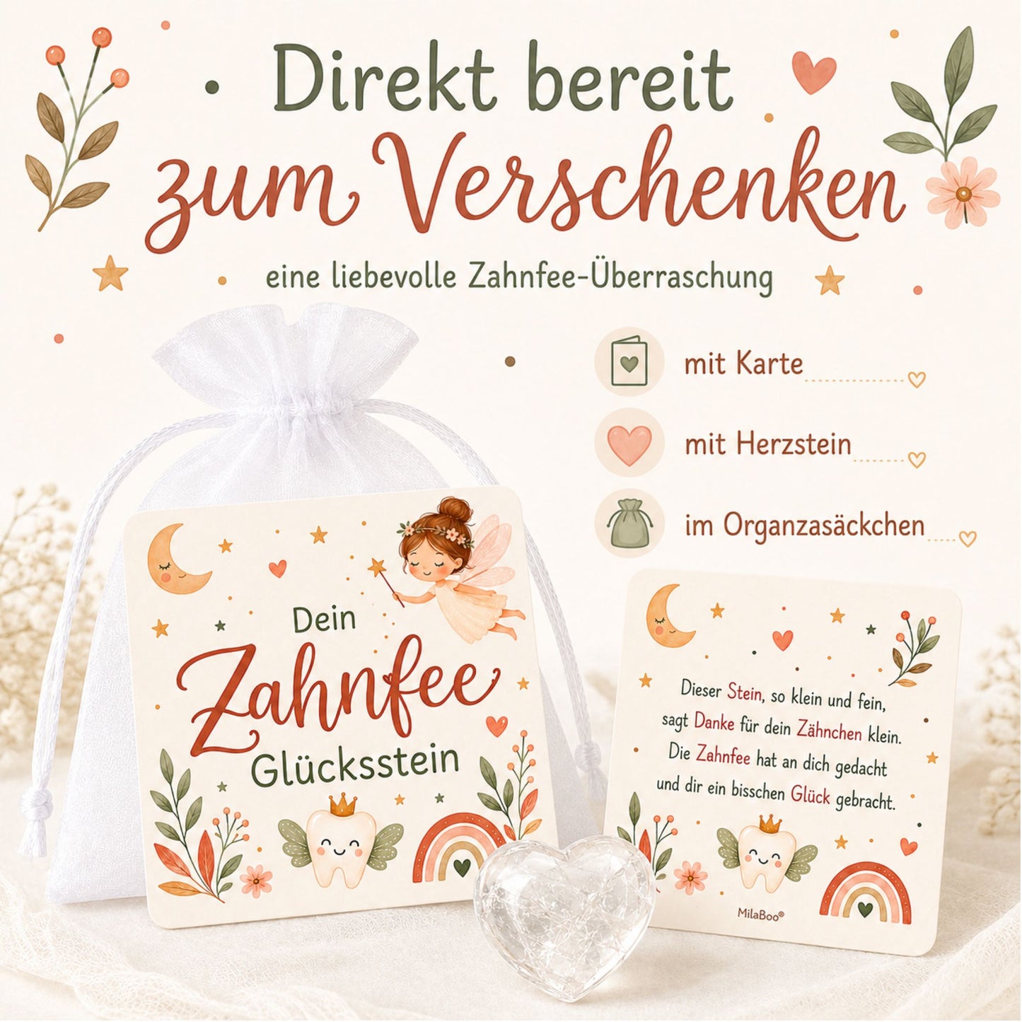 Zahnfee Glücksstein aus Bergkristall – liebevolles Geschenk mit Karte & Organzasäckchen