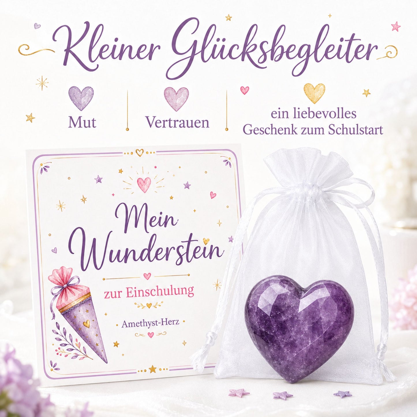 Wunderstein zur Einschulung – Amethyst Herz mit Karte & Organzasäckchen als liebevoller Glücksbegleiter zum Schulstart