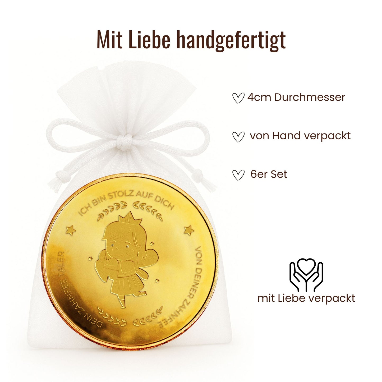 MilaBoo® Zahnfee-Glücksmünzen im 6er-Set – einzeln im Organzasäckchen verpackt, als liebevolle Erinnerung an den ersten Wackelzahn