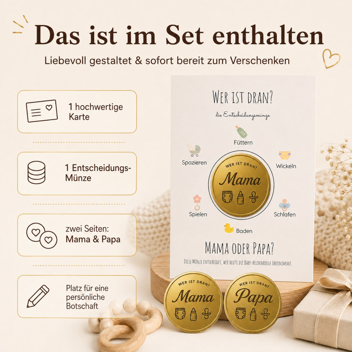 MilaBoo® „Mama oder Papa“-Entscheidungsmünze – goldene Münze 4,5 cm mit Karte für Baby Shower, Geburt und Familienalltag