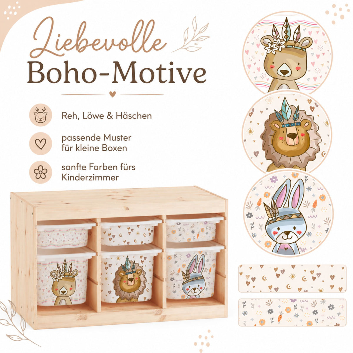 MilaBoo® Boho-Aufkleber für IKEA TROFAST – 6er-Set in Beige- und Naturtönen für große und kleine Boxen