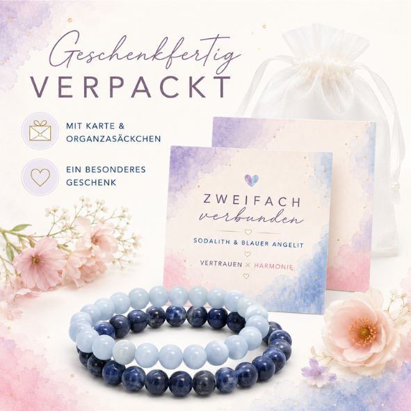 2er Set Armband Damen Sodalith & Blauer Angelit „Vertrauen × Harmonie“ – Edelstein Perlenarmband 8 mm mit Geschenkkarte