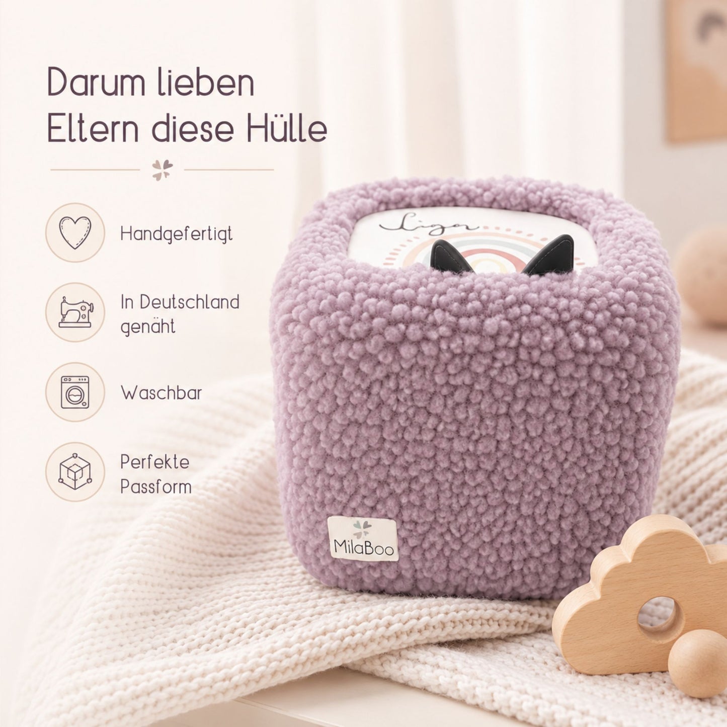 MilaBoo® Teddybezug für Toniebox 1 & 2 – weiche Schutzhülle aus Teddystoff mit Gummizug – Lila