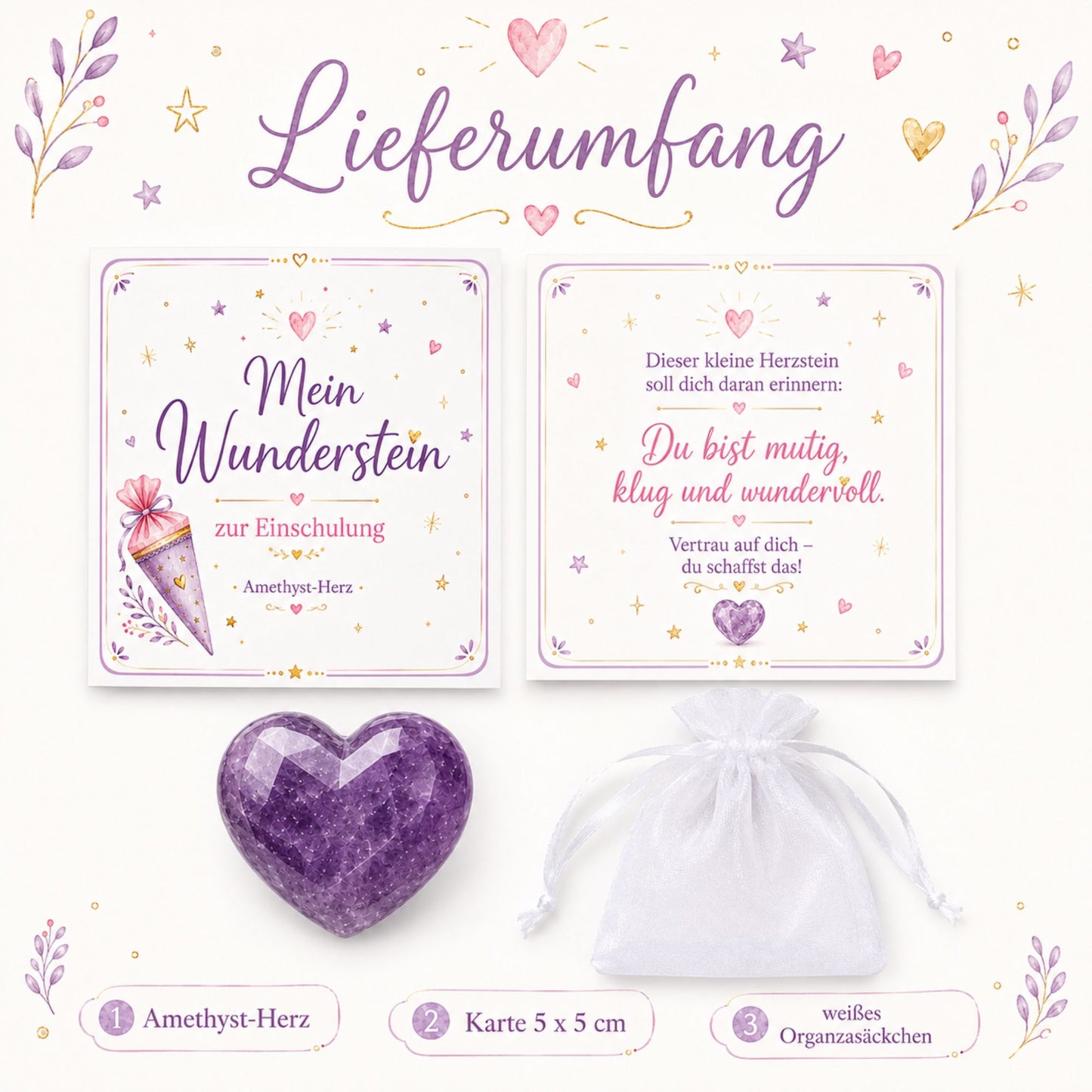 Wunderstein zur Einschulung – Amethyst Herz mit Karte & Organzasäckchen als liebevoller Glücksbegleiter zum Schulstart