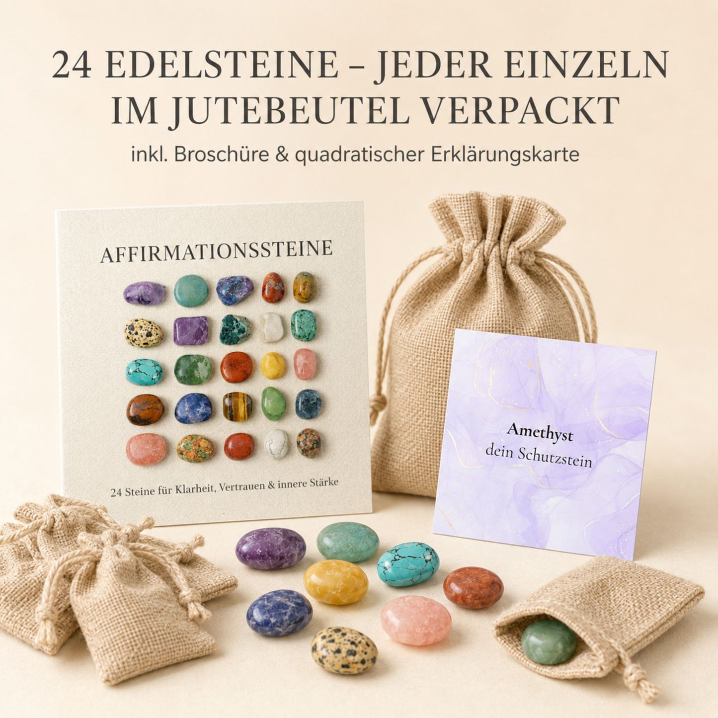 Affirmationssteine Set – 24 Edelsteine mit Broschüre, Jutebeuteln & Bedeutungskarte für Klarheit, Vertrauen und innere Stärke