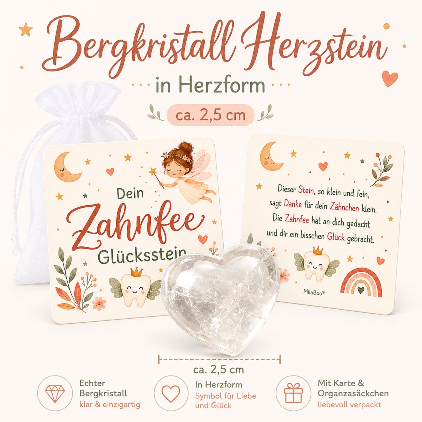 Zahnfee Glücksstein aus Bergkristall – liebevolles Geschenk mit Karte & Organzasäckchen