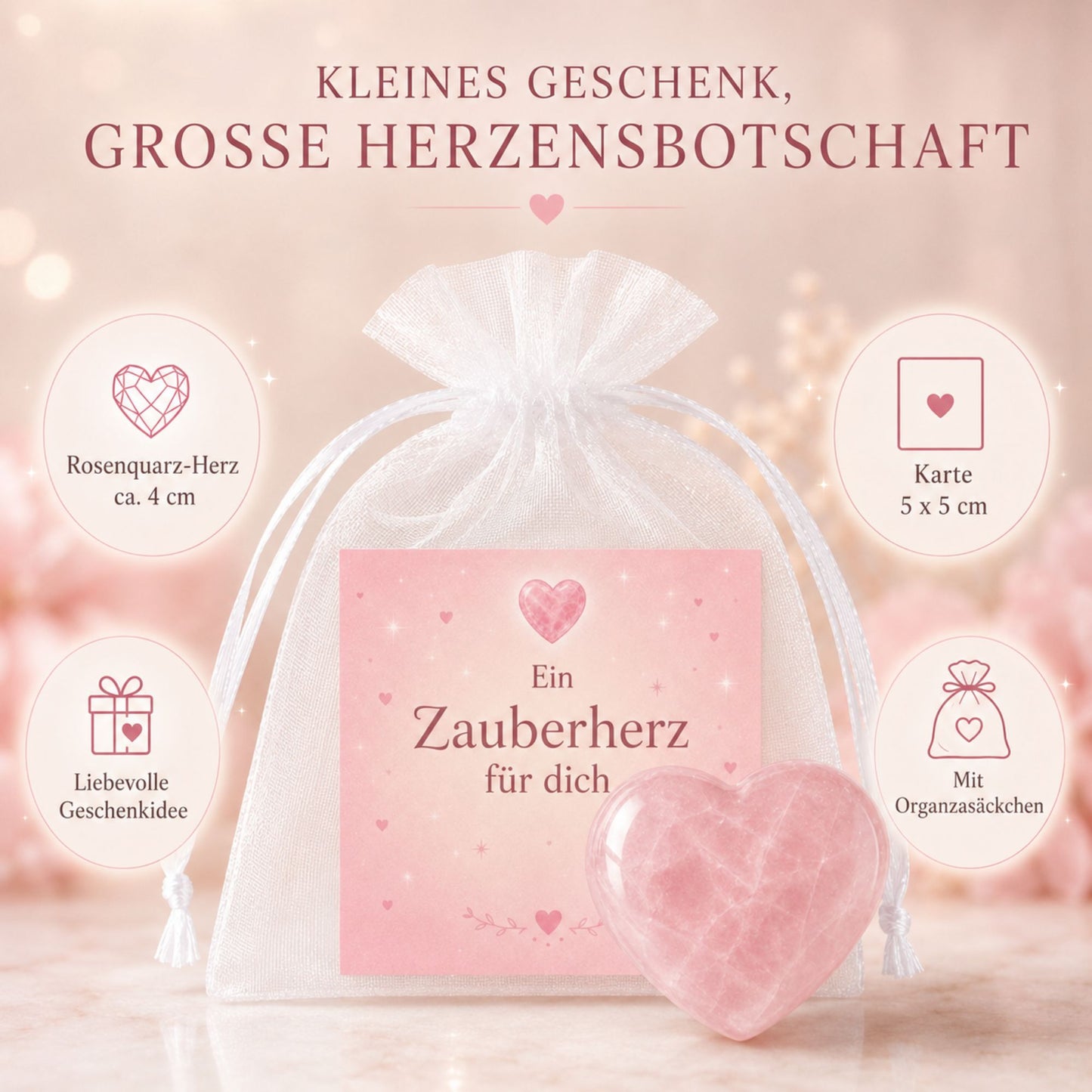 Herzstein Rosenquarz zur Einschulung – Glücksstein mit Karte im Organzasäckchen