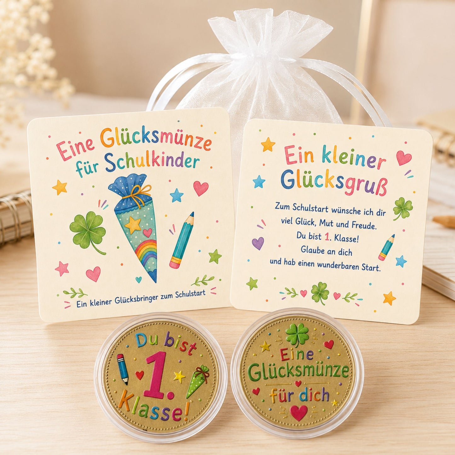Glücksmünze zur Einschulung – kleines Geschenk mit Karte im Organzasäckchen