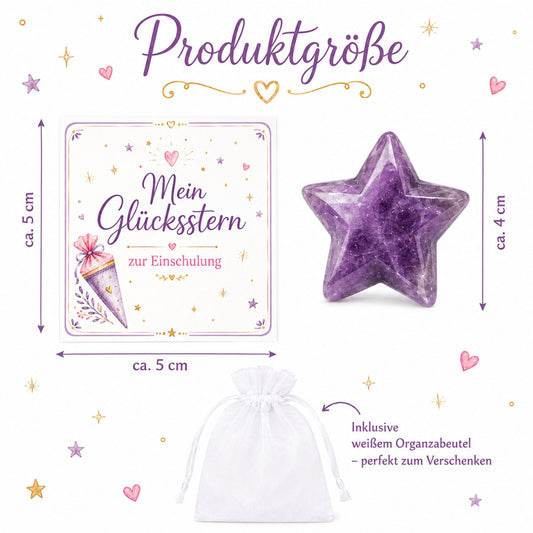 Amethyst Stern zur Einschulung – Glücksstern Geschenk mit Karte & Organzasäckchen für Schultüte und Schulstart
