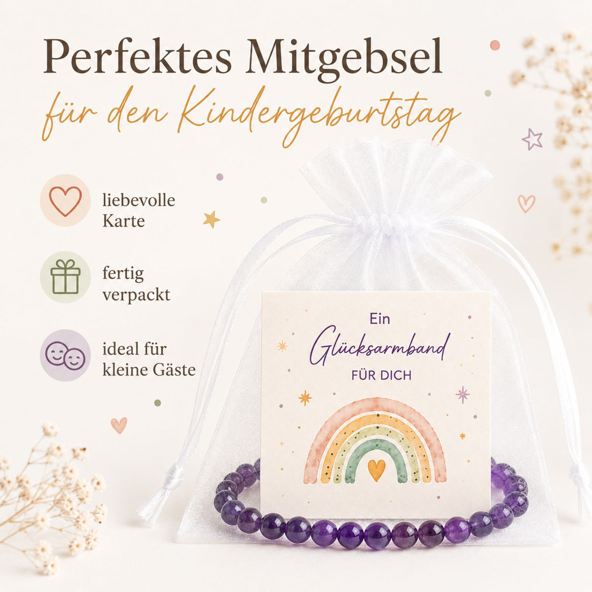 Glücksarmband 6er Set für Kinder – Naturstein-Armbänder mit Regenbogen-Karte im Organzasäckchen als Mitgebsel