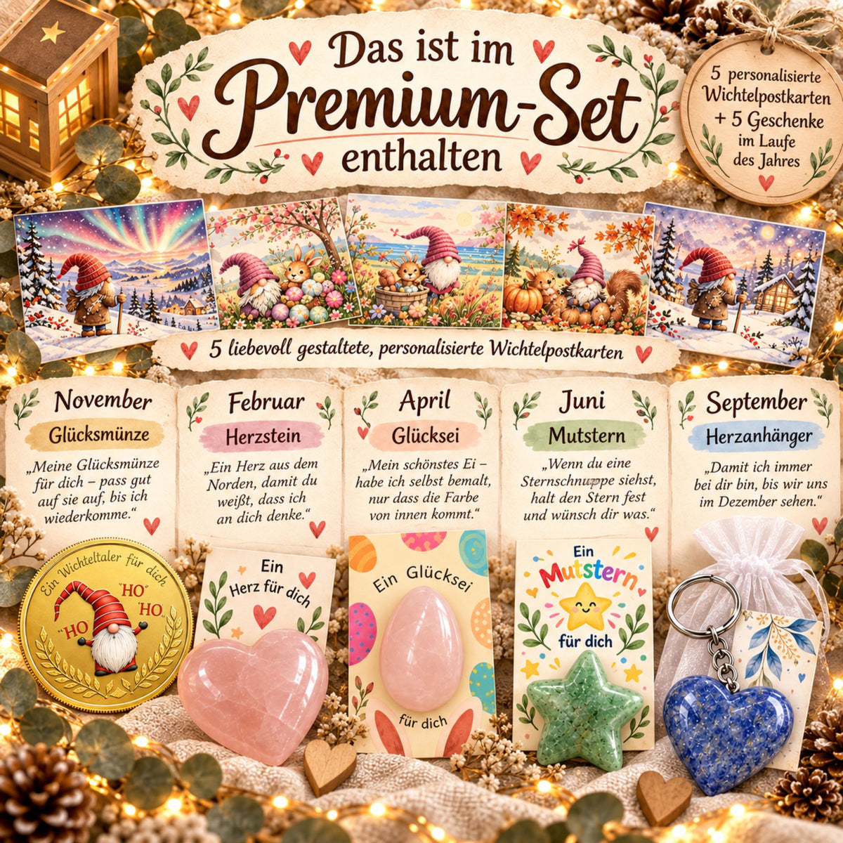Premium Wichtelbriefe durchs ganze Jahr – 5 personalisierte Karten + 5 magische Geschenke