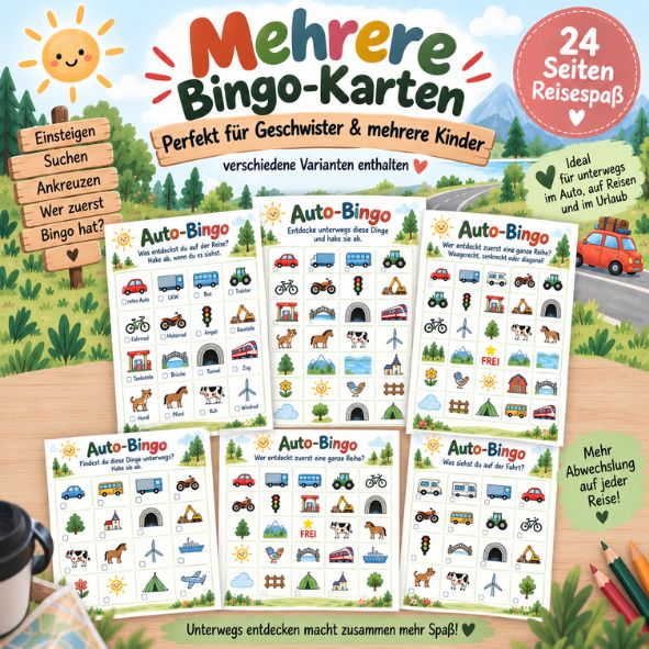 Reisespiele für Kinder zum Ausdrucken | Reise Bingo, Suchspiel & Autofahrt-Beschäftigung | PDF Druckvorlage DIN A4 | Digitaler Download