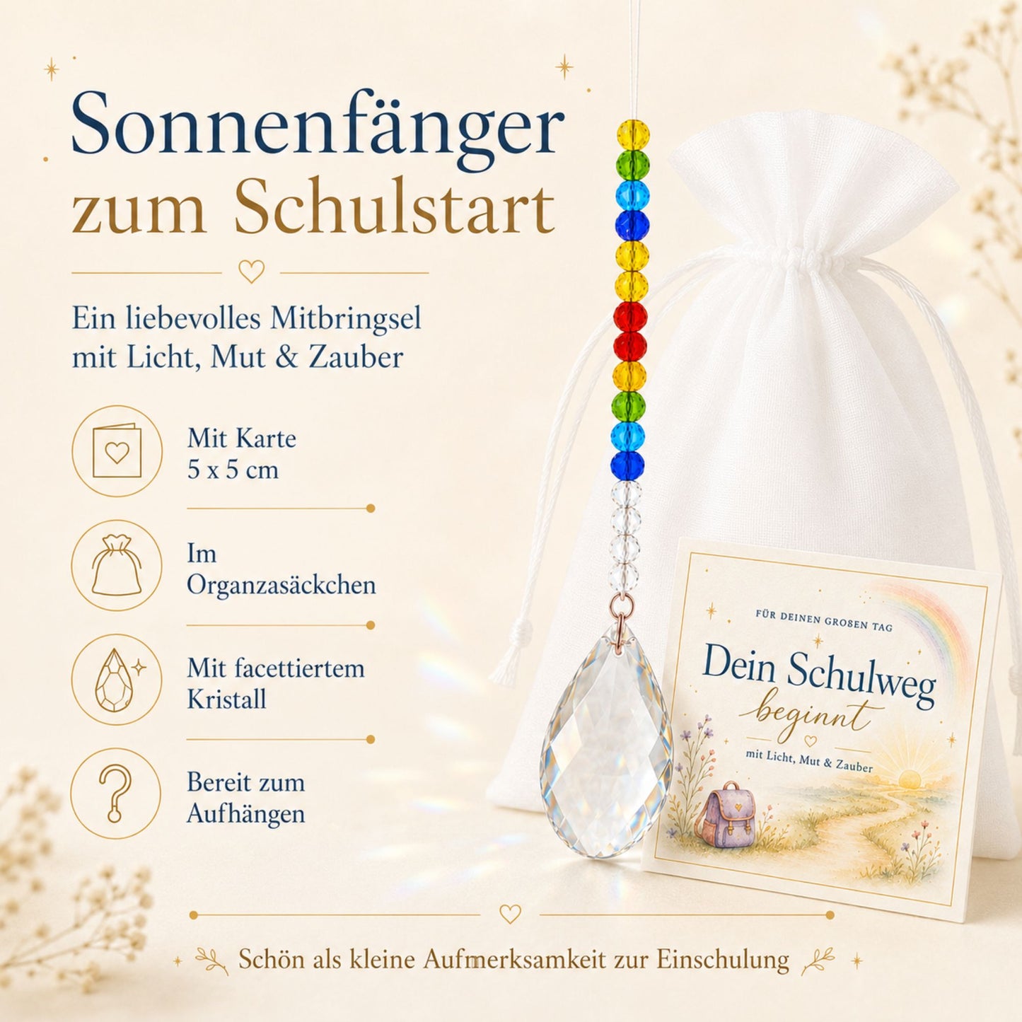 Geschenkset zur Einschulung – 3 Glücksbringer für die Schultüte mit Edelsteinen, Sonnenfänger & Aventurin-Herz