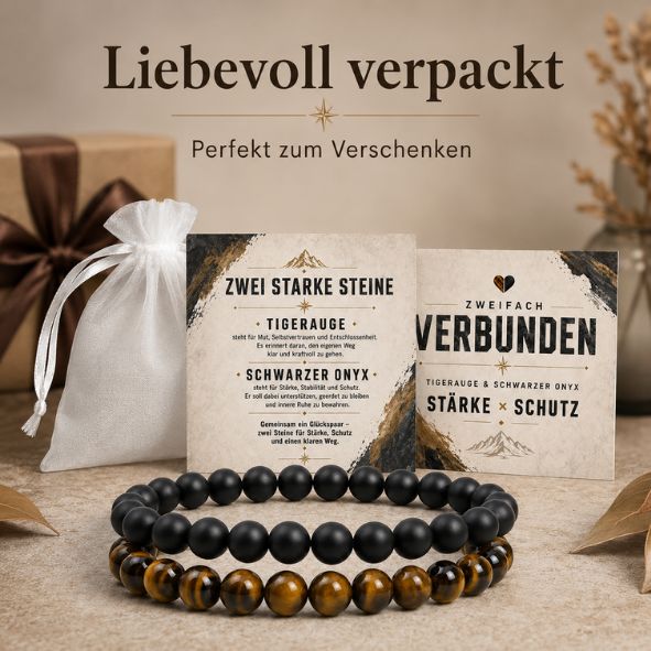 Herren Armband Set Tigerauge & Onyx | 2er Partnerarmband Männer | Geschenk für Freund Papa Bruder | Edelstein Armband Stärke Schutz
