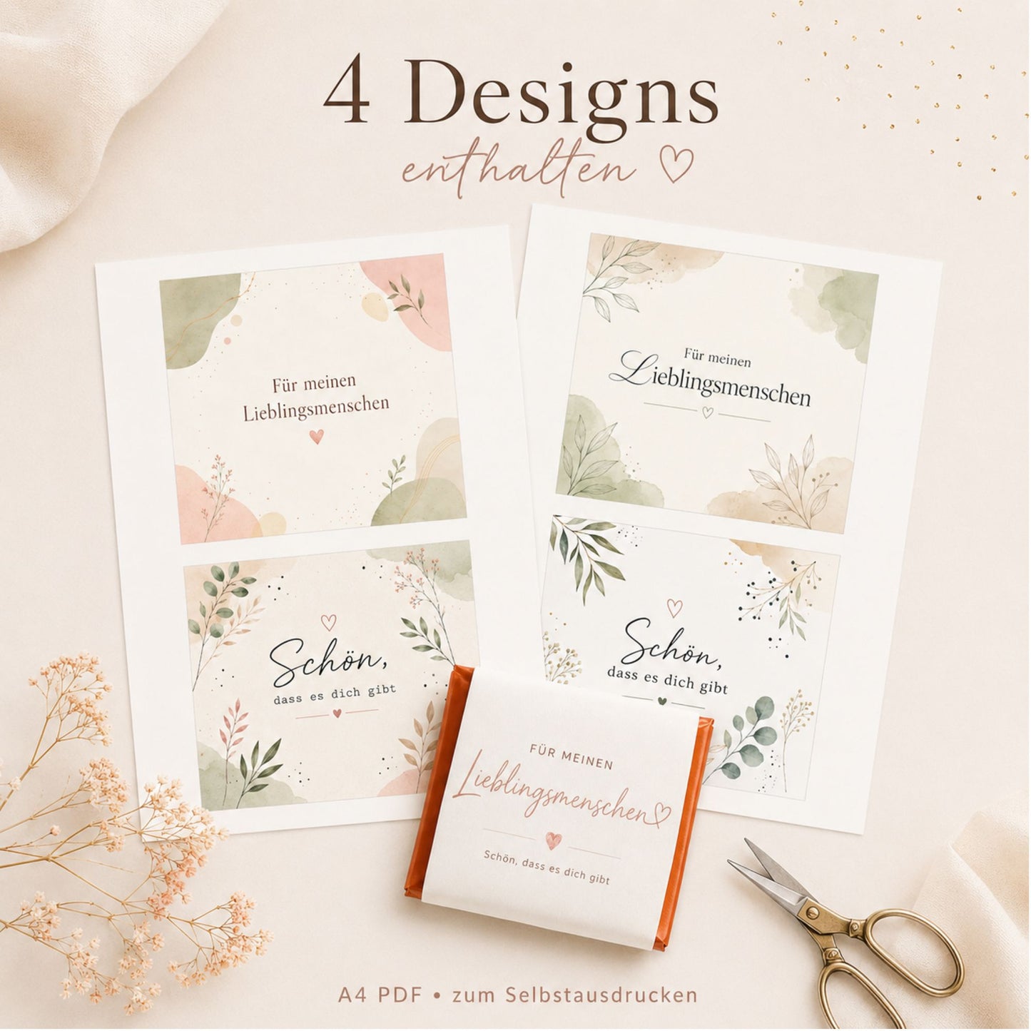 Schokoladen-Banderole zum Ausdrucken – Lieblingsmensch & Schön, dass es dich gibt | 4 Designs