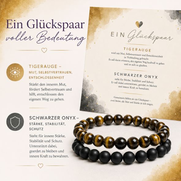 2er Set Armband Damen Tigerauge & Schwarzer Onyx „Mut × Stärke“ – Edelstein Perlenarmband 8 mm mit Geschenkkarte