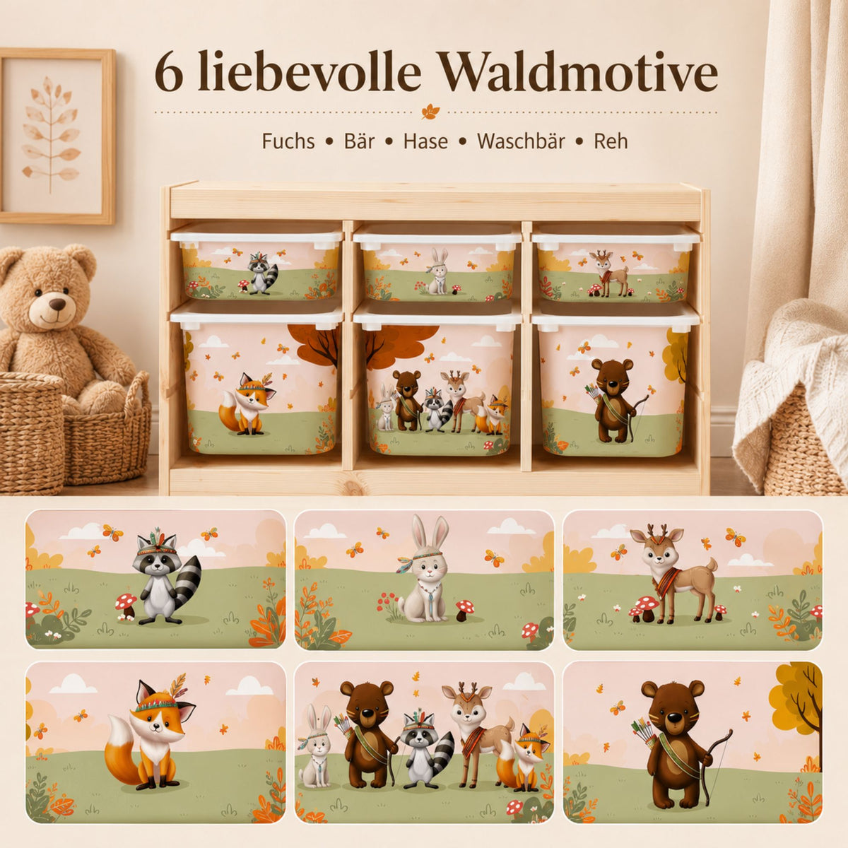 MilaBoo® Waldtiere-Aufkleber für IKEA TROFAST – 6er-Set mit liebevollen Waldmotiven für große und kleine Boxen