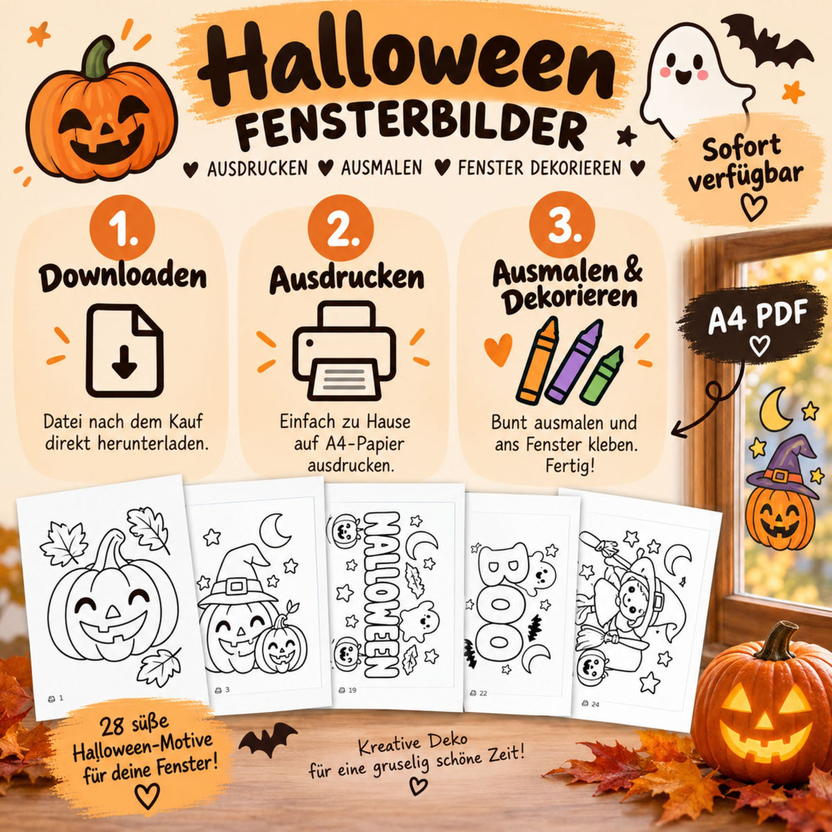 28 Halloween Fensterbilder für Kinder | Ausmalbilder PDF zum Ausdrucken | Geist Hexe Kürbis | Halloween Fensterdeko Download