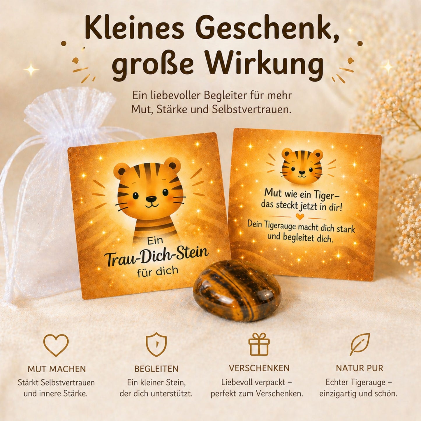 Kleiner Mutmacher zur Einschulung – Tigerauge Naturstein mit Karte im Organzasäckchen