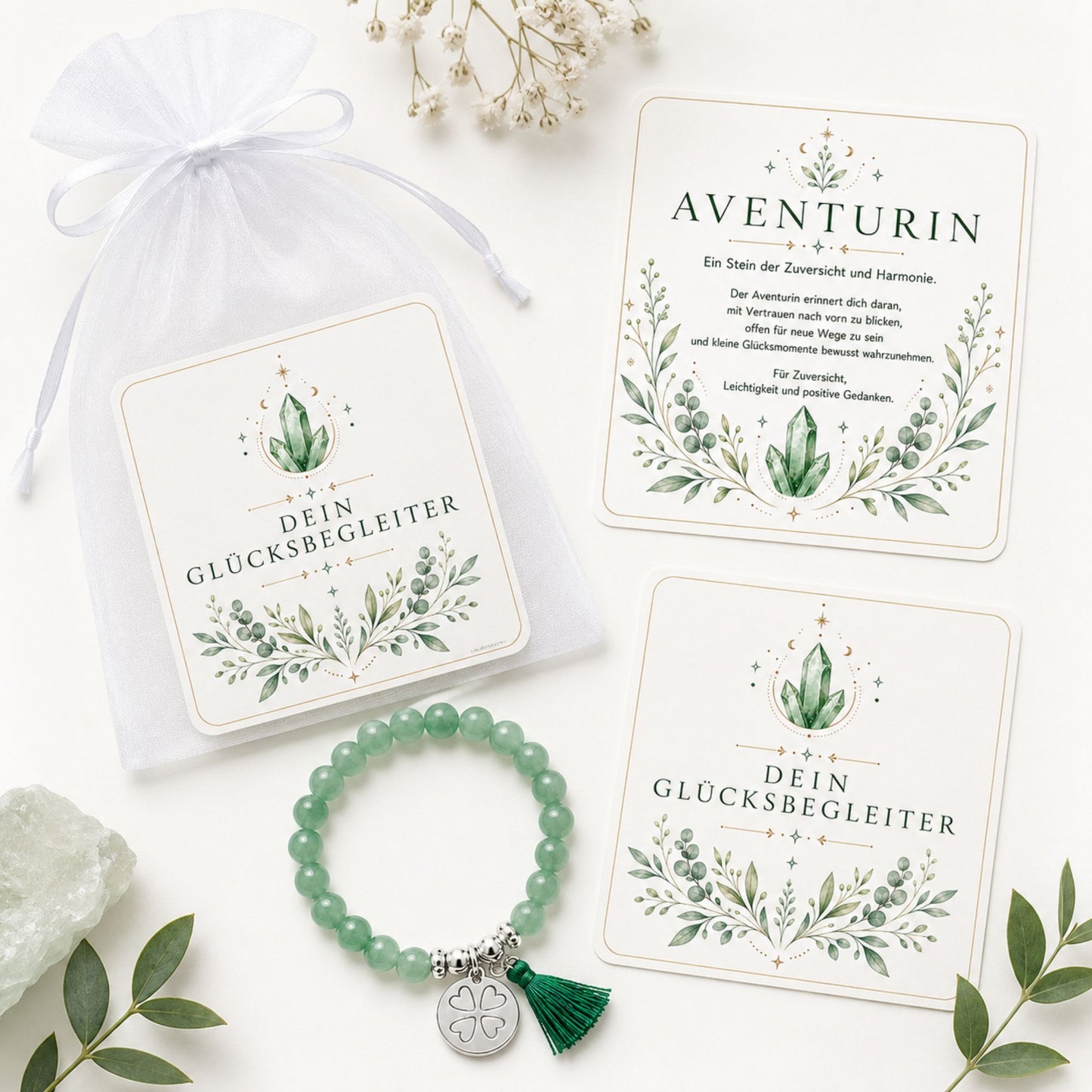 MilaBoo® Aventurin Armband Damen – Edelstein Armband mit Kleeblatt-Anhänger, Quaste & Geschenk-Karte
