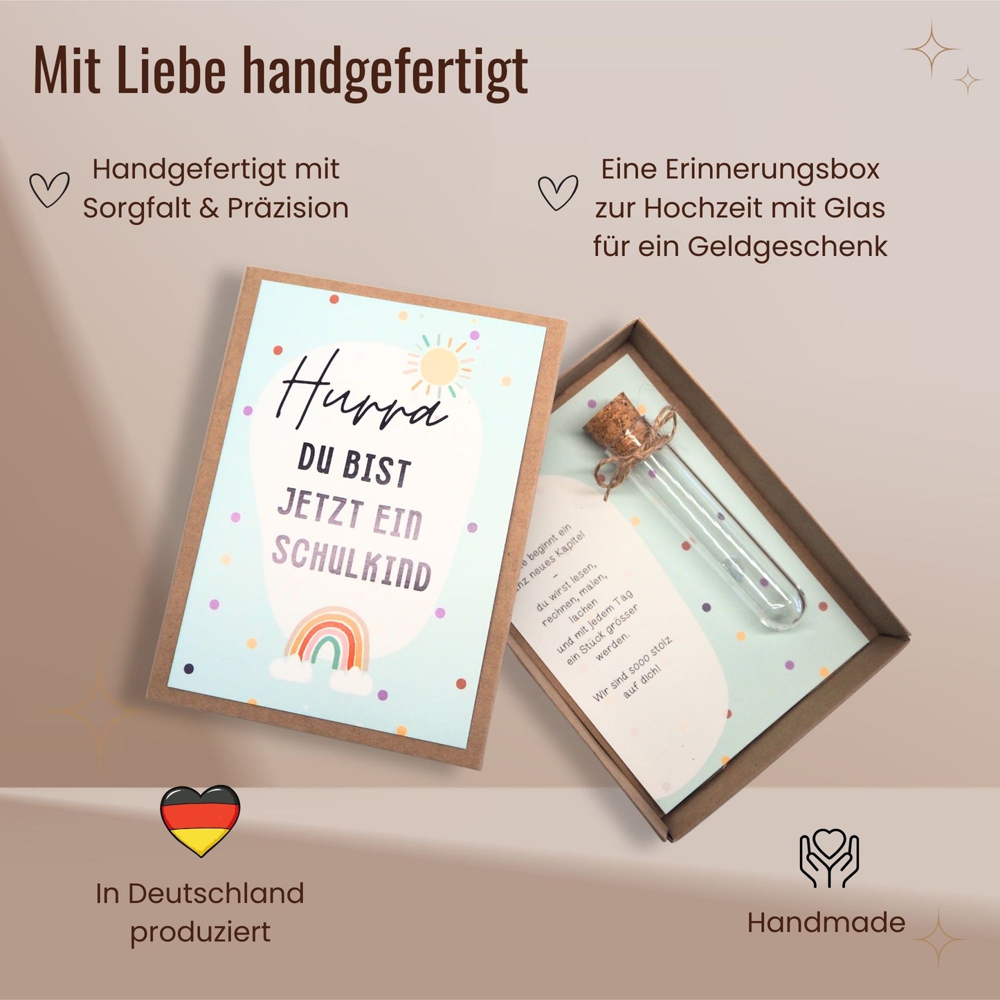 Geschenkbox zur Einschulung mit Reagenzglas & Karte – „Hurra, du bist jetzt ein Schulkind“